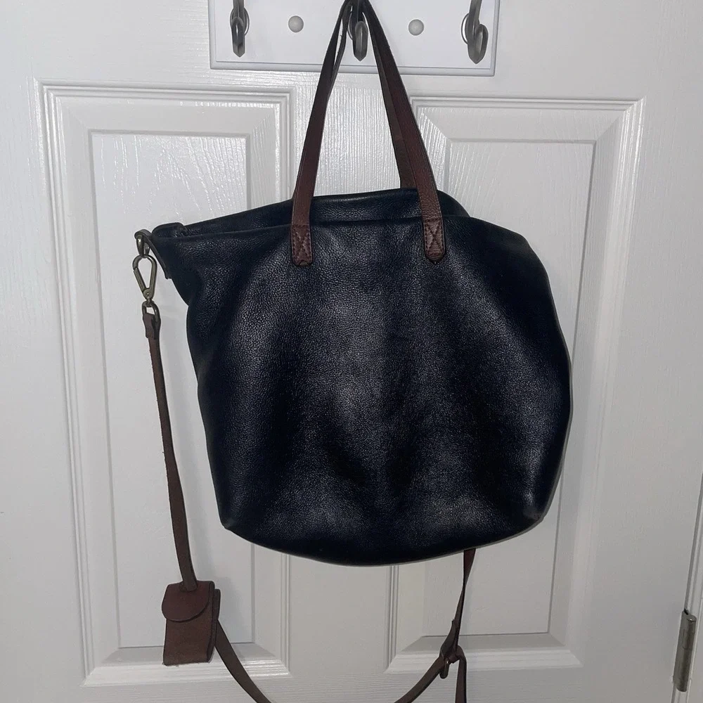 Madewell Black Leather Top Handle Zipper Tote Shoulder Bag Purse Crossbody EUC